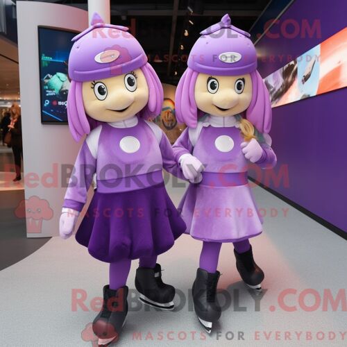 Costume De Mascotte Redbrokoly De Paire De Patins À Glace Violets Habillé D Une Mini-Robe Et De Bérets