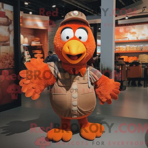 Personnage De Costume De Mascotte Redbrokoly De Dinde Orange Habillé D Un T-Shirt Henley Et D Enveloppements