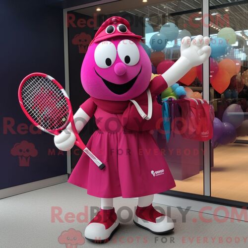 Personnage Mascotte Redbrokoly De Raquette De Tennis Magenta Habillé Avec Un Pantalon Et Des Sacs À Main