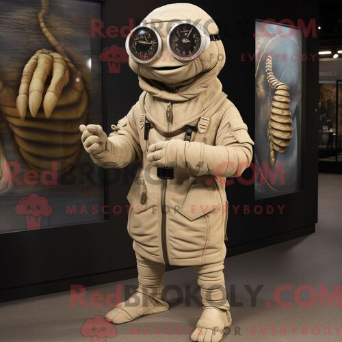 Mascotte Redbrokoly De Trilobite Beige Costume De Personnage Habillé D Une Parka Et De Montres Bracelet