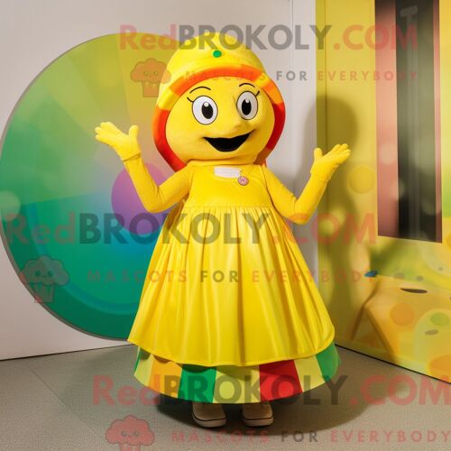 Costume De Mascotte Redbrokoly Arc-En-Ciel Jaune Citron Habillé Avec Une Jupe Longue Et Des Bérets