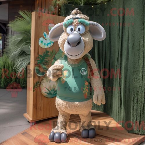 Mascotte Redbrokoly De Rhinocéros Laineux Rose Personnage Habillé Avec Un Blouson Aviateur Et Des Pinces À Chaussures