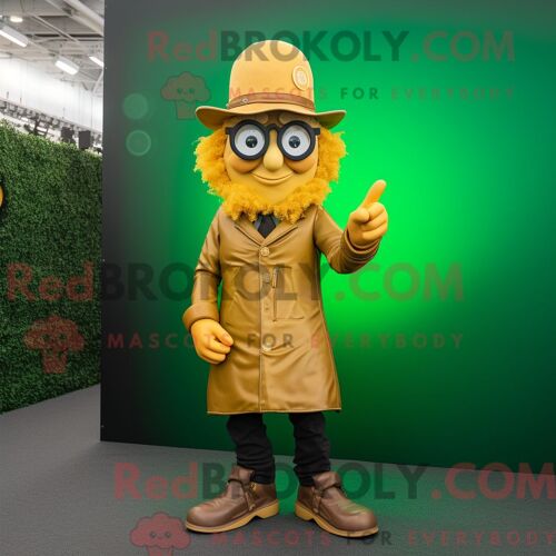 Personnage De Costume De Mascotte Redbrokoly De Chapeau De Lutin Jaune Habillé Avec Une Veste En Cuir Et Des Lunettes