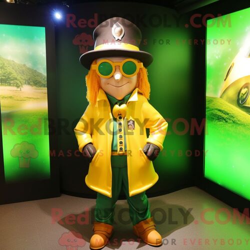 Personnage De Costume De Mascotte Redbrokoly De Chapeau De Lutin Jaune Habillé Avec Une Veste En Cuir Et Des Lunettes