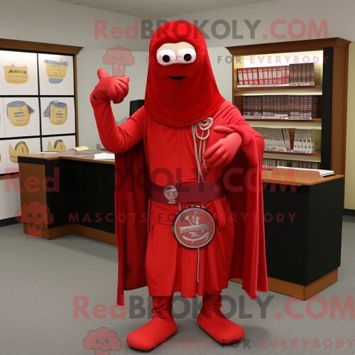 Personnage De Costume De Mascotte Redbrokoly D Avocat Rouge Habillé Avec Un Pantalon Capri Et Des Épingles De Châle