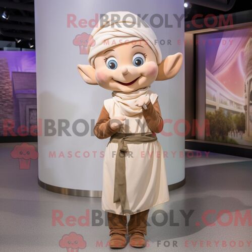 Costume Mascotte Redbrokoly D Elfe Beige Habillé D Une Robe Portefeuille Et De Bandeaux