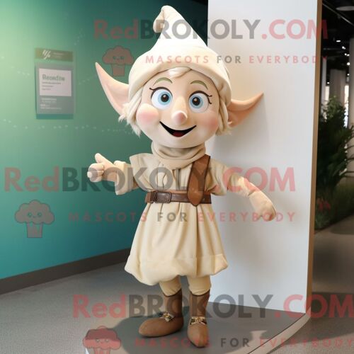 Costume Mascotte Redbrokoly D Elfe Beige Habillé D Une Robe Portefeuille Et De Bandeaux