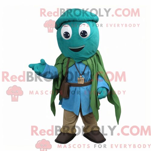 Costume De Mascotte Redbrokoly D Épinards Turquoise Habillé D Un Pantalon Cargo Et D Épingles À Châle