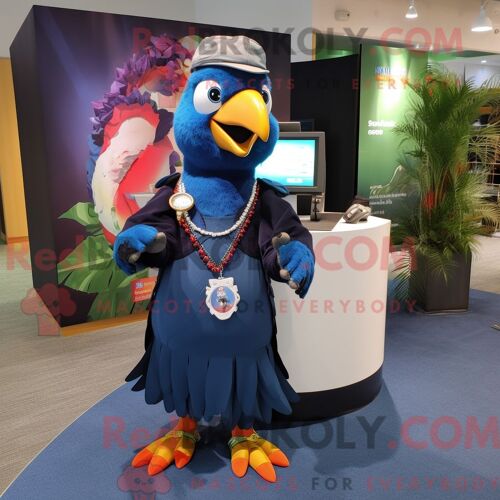 Costume Mascotte Redbrokoly De Perroquet Bleu Marine Habillé D Une Jupe Longue Et De Porte-Clés