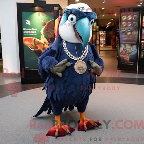 Costume Mascotte Redbrokoly De Perroquet Bleu Marine Habillé D Une Jupe Longue Et De Porte-Clés