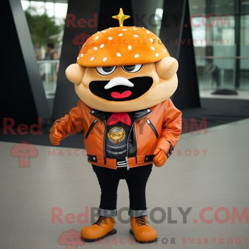 Costume Mascotte Redbrokoly De Hamburger Orange Habillé D Une Veste En Cuir Et De Colliers