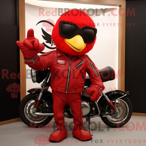 Personnage De Costume De Mascotte Redbrokoly Des Canaries Rouges Habillé Avec Une Veste De Moto Et Des Sacs Fourre-Tout