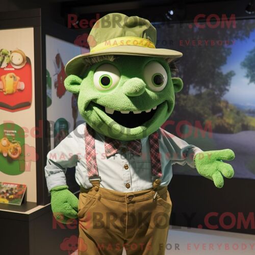 Personnage Mascotte Redbrokoly De Goulash Vert Habillé Avec Une Chemise Boutonnée Et Des Casquettes