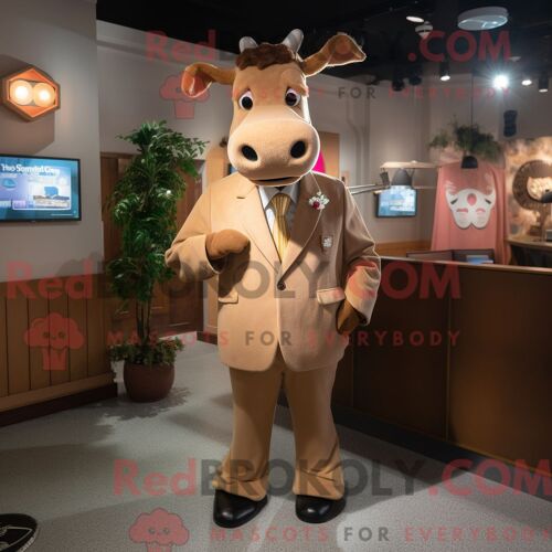 Costume De Mascotte Redbrokoly De Vache En Jersey Beige Personnage Habillé Avec Une Veste De Costume Et Des Boucles D Oreilles