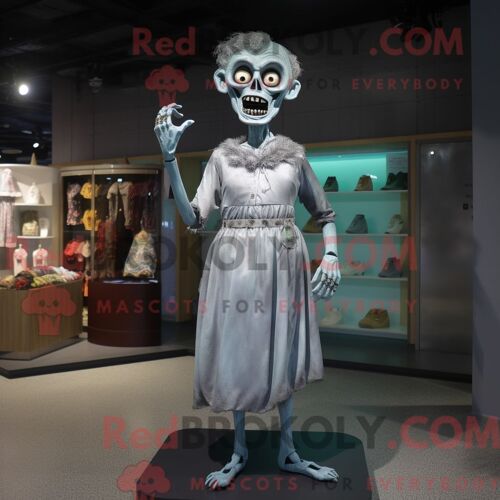 Costume De Mascotte Redbrokoly De Zombie Argenté Habillé D Une Robe Fourreau Et De Pinces À Chaussures