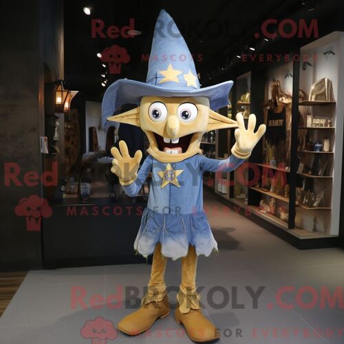 Personnage De Costume De Mascotte Redbrokoly De Chapeau De Sorcière Doré Habillé D Une Chemise En Jean Et De Gants