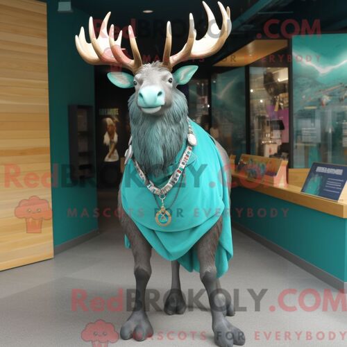 Costume De Mascotte Redbrokoly D Élan Irlandais Bleu Sarcelle Habillé Avec Un Body Et Des Colliers