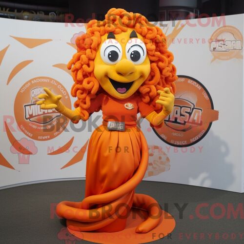 Costume Mascotte Redbrokoly De Méduse Orange Personnage Habillé Avec Une Jupe Crayon Et Des Bagues