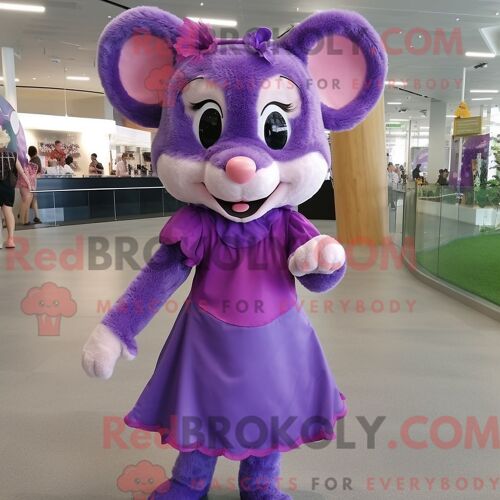 Costume De Mascotte Redbrokoly De Souris Violette Habillé D Une Mini-Robe Et De Bracelets De Cheville