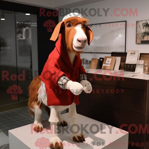 Costume Mascotte Redbrokoly De Chèvre Boer Rouge Habillé D Un Cardigan Et De Bérets