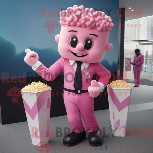 Costume Mascotte Redbrokoly De Pop Corn Rose Personnage Habillé Avec Un Pantalon De Jogging Et Des Boutons De Manchette