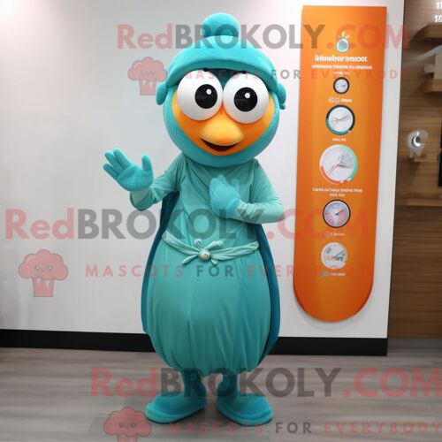 Costume De Mascotte Redbrokoly D Abricot Bleu Sarcelle Habillé D Une Robe Taille Empire Et De Montres Intelligentes