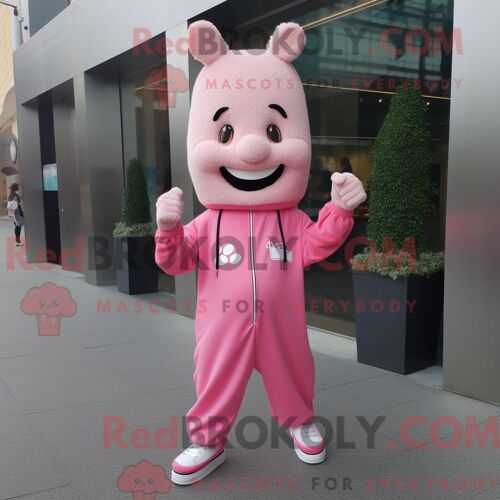Costume Mascotte Redbrokoly De Pop Corn Rose Personnage Habillé Avec Un Pantalon De Jogging Et Des Boutons De Manchette