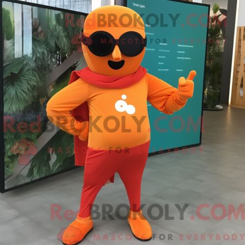 Mascotte Redbrokoly De Super-Héros Orange Costume De Personnage Habillé Avec Une Jupe Et Des Lunettes De Soleil