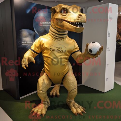 Costume Mascotte Redbrokoly D Iguanodon Doré Personnage Habillé Avec Un Maillot De Rugby Et Des Boucles D Oreilles