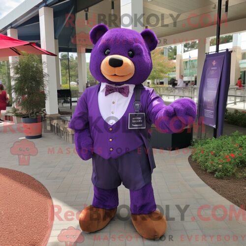 Costume De Mascotte Redbrokoly D Ours Violet Habillé D Une Chemise Habillée Et De Bretelles