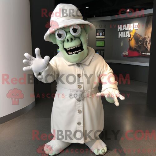 Mascotte Redbrokoly De Monstre De Frankenstein Blanc Personnage Habillé Avec Un Manteau Et Des Épingles À Chapeau