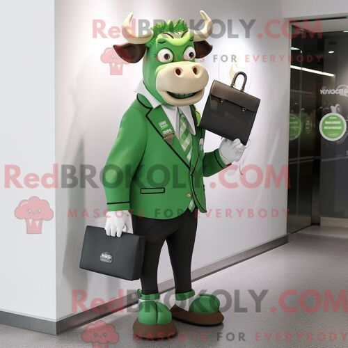 Personnage De Costume De Mascotte Redbrokoly De Taureau Vert Habillé Avec Un Pantalon Habillé Et Des Sacs À Main