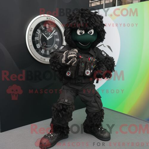 Mascotte Redbrokoly De Personnage Para Commando Noir Habillé D Une Veste Et D Un Bracelet De Montres