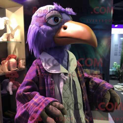 Costume De Mascotte Redbrokoly D Oiseau Dodo Violet Personnage Habillé D Une Chemise En Flanelle Et De Châles