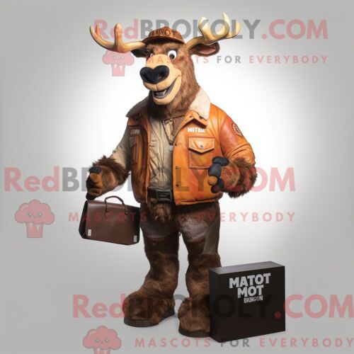 Personnage De Costume De Mascotte Redbrokoly Rust Moose Habillé Avec Une Veste De Moto Et Des Portefeuilles