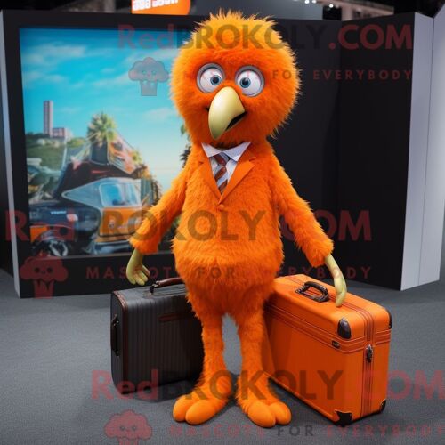Costume Mascotte Redbrokoly D Émeu Orange Habillé Avec Un Gilet Et Des Porte-Documents