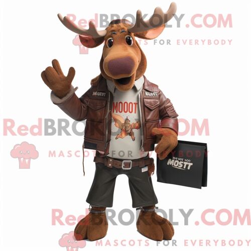 Personnage De Costume De Mascotte Redbrokoly Rust Moose Habillé Avec Une Veste De Moto Et Des Portefeuilles