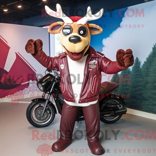 Personnage De Costume De Mascotte Redbrokoly De Renne Marron Habillé Avec Une Veste De Moto Et Des Écharpes