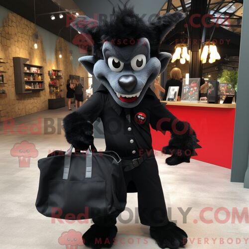 Personnage De Costume De Mascotte Redbrokoly De Vampire Noir Habillé D Une Chemise Oxford Et De Sacs Fourre-Tout
