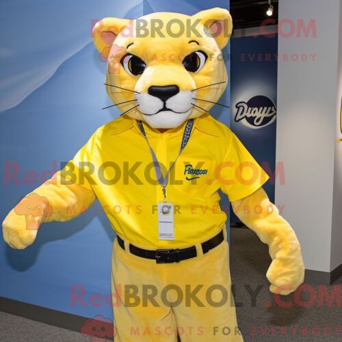 Costume De Mascotte Redbrokoly De Puma Jaune Citron Personnage Habillé Avec Une Chemise Habillée Et Des Bretelles
