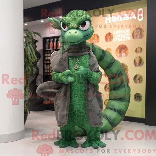 Costume De Mascotte Redbrokoly D Hydra Vert Forêt Habillé D Un Pull Et De Sacs Messager