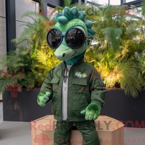 Costume De Mascotte Redbrokoly D Hippocampe Vert Forêt Personnage Habillé Avec Un Blouson Aviateur Et Des Lunettes De Soleil