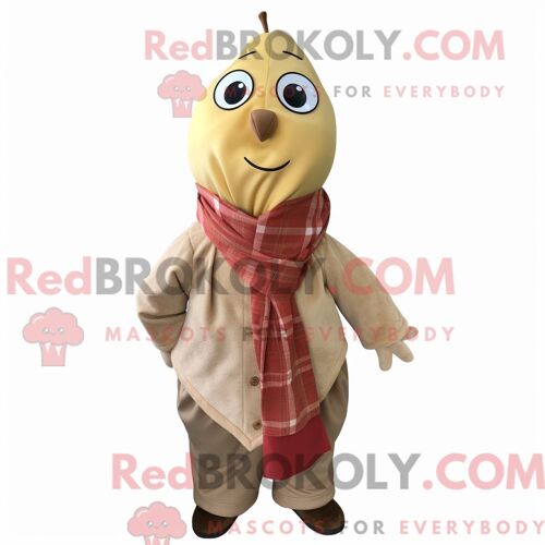 Costume De Mascotte Redbrokoly De Poire Beige Habillé D Une Chemise Boutonnée Et D Écharpes