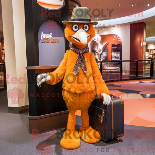 Costume Mascotte Redbrokoly D Émeu Orange Habillé Avec Un Gilet Et Des Porte-Documents