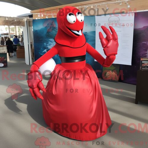 Personnage De Costume De Mascotte Redbrokoly De Biscuit De Homard Rouge Habillé D Une Robe De Bal Et De Sacs Messager