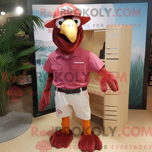 Costume De Mascotte Redbrokoly De Flamant Rose Habillé D Un Short Cargo Et D Une Casquette