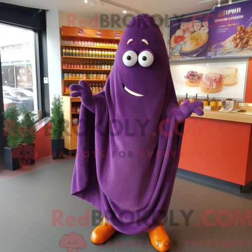 Costume De Mascotte Redbrokoly De Currywurst Violet Habillé D Un Chemisier Et D Épingles À Châle