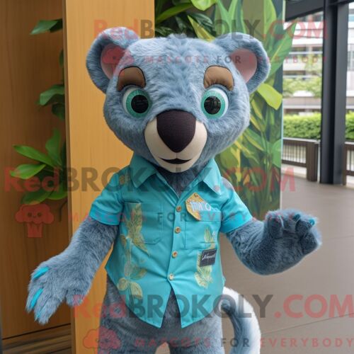 Costume De Mascotte Redbrokoly De Jaguarundi Turquoise Habillé D Une Chemise En Chambray Et De Ceintures De Smoking