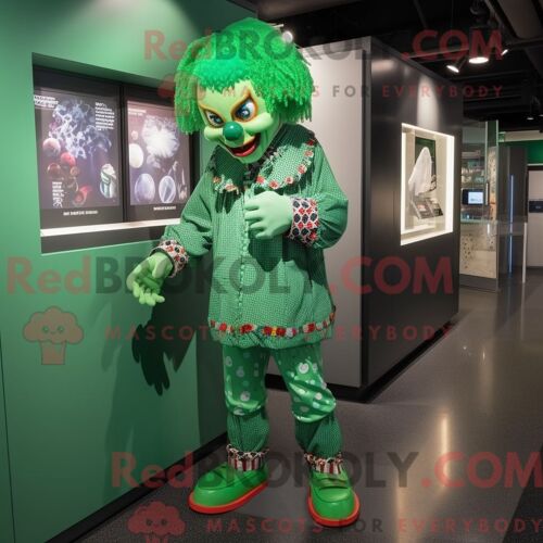 Costume De Mascotte Redbrokoly De Clown Vert Habillé D Un T-Shirt Graphique Et De Bracelets De Cheville