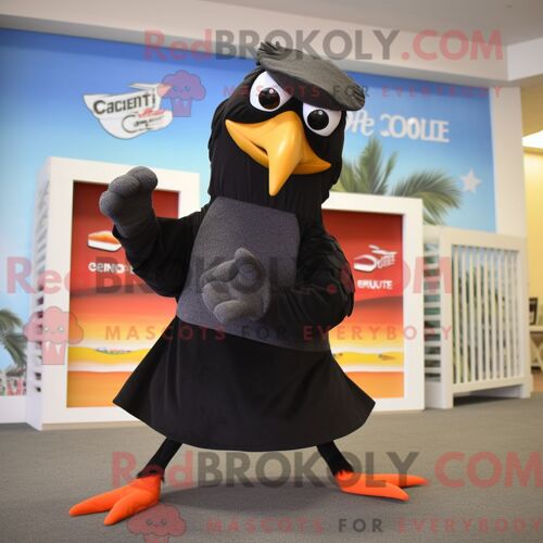 Costume De Mascotte Redbrokoly De Mouette Noire Habillé D Un Pantalon Capri Et D Une Écharpe